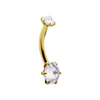 Gold Steel Internal Thread Double Jewelled Belly Ring Pointed Premium Zirconia
