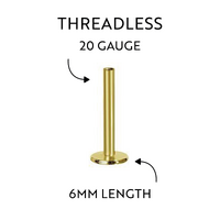 Gold Titanium Threadless Flat Back Labret Post 20 Gauge - 6mm