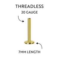 Gold Titanium Threadless Flat Back Labret Post 20 Gauge - 7mm
