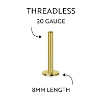 Gold Titanium Threadless Flat Back Labret Post 20 Gauge - 8mm