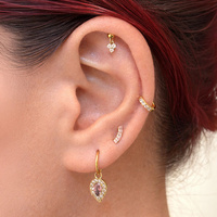 14K Gold Floating Helix Vertical Helix & Contraconch  Attachment for Threadless Labret - Trinity Lab Created Diamond - 3.5mm