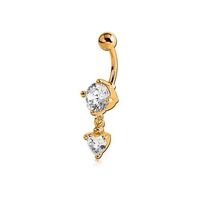 Gold Steel Double Jewelled Belly Ring - Jewelled Heart 14 Gauge - 10mm