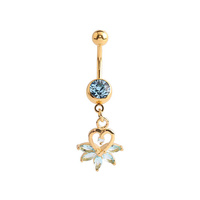 Gold Steel Double Jewelled Belly Ring - Heart and Marquise Jewells