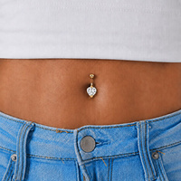 Gold Steel Double Jewelled Belly Ring - Cubic Zirconia Heart Jewellery Charm 14 Gauge - 10mm