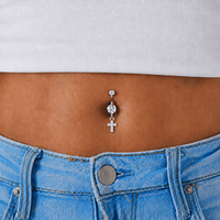 Surgical Steel Belly Ring - Crystal Jewelled Cross Jewellery Charm 14 Gauge - 10mm