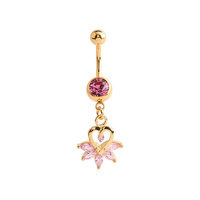 Gold Steel Double Jewelled Belly Ring - Heart and Marquise Jewells