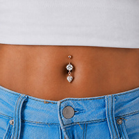 Rose Gold Steel Belly Ring - Heart Shaped and Round Cubic Zirconia 14 Gauge - 10mm