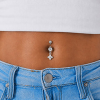 Surgical Steel Mini Belly Ring - Crystal and 4 Petal Flower Jewellery Charm 14 Gauge - 10mm