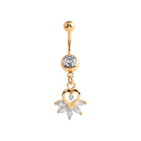 Gold Steel Double Jewelled Belly Ring - Heart and Marquise Jewells