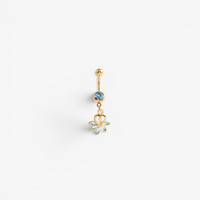 Gold Steel Double Jewelled Belly Ring - Heart and Marquise Jewells
