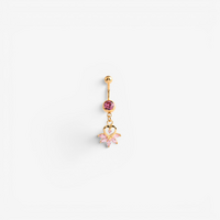 Gold Steel Double Jewelled Belly Ring - Heart and Marquise Jewells