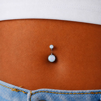 Surgical Steel Double Jewelled Opal Belly Ring - Diamond Cut Prong Setting