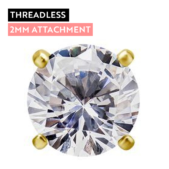 Large View Gold Steel - Round Claw Premium Zirconia - 2mm Threadless Attachment