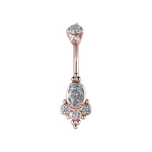 Rose Gold Steel Belly Ring - Cubic Zirconia Oval Cluster