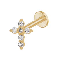 Gold Titanium - Cross - Cubic Zirconia - Internal Thread Flat Back Labret