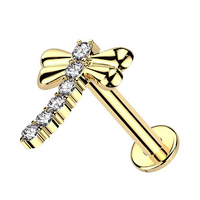Gold Titanium Threadless Labret - Dragonfly - Cubic Zirconia