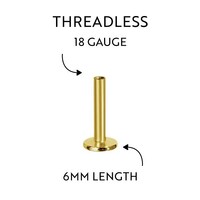18K Gold Threadless Flat Back Labret Post 18 Gauge - 6mm