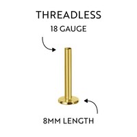 18K Gold Threadless Flat Back Labret Post 18 Gauge - 8mm