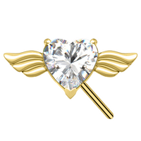 Gold Titanium Threadless Attachment - Cubic Zirconia Heart & Wings - 14 Gauge