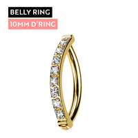 Gold Titanium Belly 'D' Ring - Square Set Cubic Zirconia - 14 Gauge - 10mm