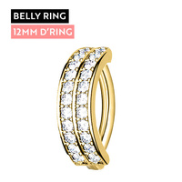 Gold Titanium Belly 'D' Ring - Double Channel Set Cubic Zirconia - 14 Gauge - 12mm