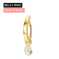 Gold Titanium Belly 'D' Ring - Cubic Zirconia Pear Charm - 14 Gauge - 12mm
