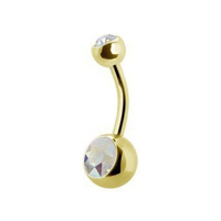Gold Titanium double Jewelled Belly Ring - Aurora Borealis Crystal - 6mm Ball