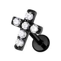 Black Titanium 5mm Premium Zirconia Cross - Threadless    18G - 7mm Flatback Stud