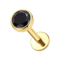 Gold Titanium Inverted 3mm Black Premium Zirconia  - Threadless 18G - 7mm Flatback Stud
