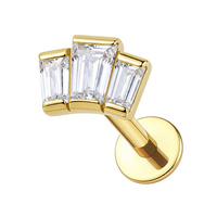 Gold Titanium 3 Tapered Baguette 7mm Cubic Zirconia - Threadless 18G - 7mm Post