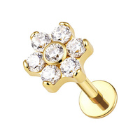 Gold Titanium 5mm Premium Zirconia Flower - Threadless 18G - 7mm Flatback Stud