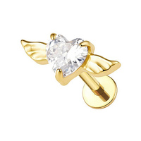 Gold Titanium Heart & Wings Cubic Zirconia - Threadless 18G - 7mm Flatback Stud