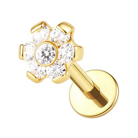 Gold Titanium Flower Cubic Zirconia - Threadless 18G - 7mm Flatback Stud