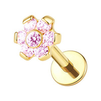 Gold Titanium Flower Pink Cubic Zirconia - Threadless 18G - 7mm Flatback Stud  