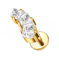 Gold Titanium Square Trio Cubic Zirconia - Threadless 18G - 7mm Flatback Stud 