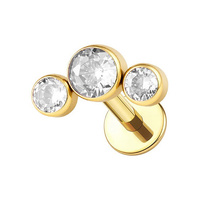 Gold Titanium Bezel Set Trio Cubic Zirconia - Threadless 18G - 7mm Flatback Stud 