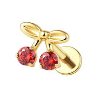 Gold Titanium Cherries Red Cubic Zirconia - Threadless 18G - 7mm Flatback Stud 