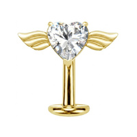 Gold Titanium Heart & Wings Cubic Zirconia -Threadless 14G - 10mm Floating Navel