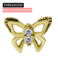18K Gold - Butterfly Premium Zirconia - 8mm Threadless Attachment