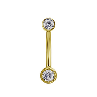 18K Gold and Gold Titanium Threadless Rook Banana Bar - Round Premium Zirconia 16 Gauge - 8mm
