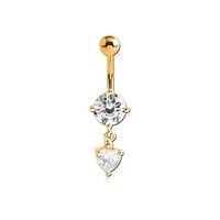 Gold Steel Double Jewelled Belly Ring - Jewelled Heart 14 Gauge - 10mm