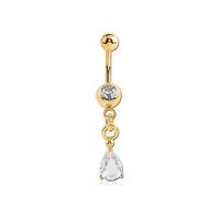 Gold Steel Double Jewelled Belly Bar - Premium Crystal Pear Charm 14 Gauge - 10mm