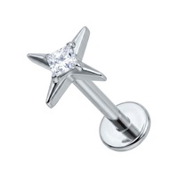 Titanium - Cubic Zirconia Four Pointed Star - Threadless 18G - 7mm Flatback Stud