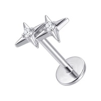 Titanium - Cubic Zirconia Diamond Dual Star  - Threadless 18G - 7mm Flatback Stud