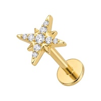 Gold Titanium - Cubic Zirconia Eight Pointed Star - Threadless 18G - 7mm Flatback Stud