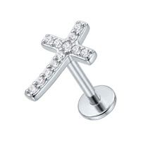 Titanium - Cubic Zirconia Curved Cross - Threadless 18G - 7mm Flatback Stud