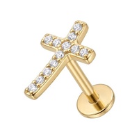 Gold Titanium - Cubic Zirconia Curved Cross - Threadless 18G - 7mm Flatback Stud