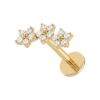 Gold Titanium - Cubic Zirconia Flower Trio - Threadless 18G - 7mm Flatback Stud