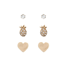Pineapple and Heart Stud Earrings 3 Pack