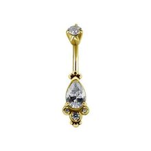 Gold Steel Belly Bar - Cubic Zirconia Pear Cluster